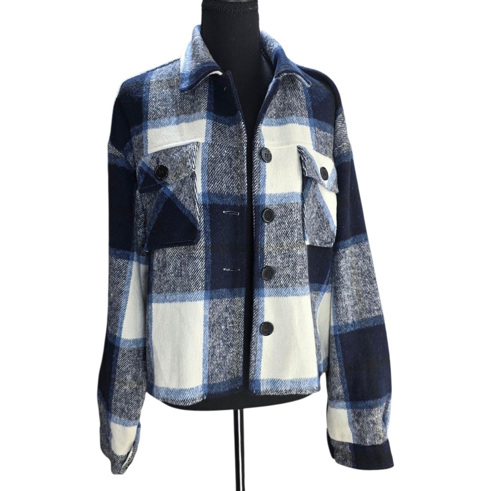 Unbranded Plaid Shacket Women XL Blue White Polyester Flannel Button Crop - Picture 1 of 10